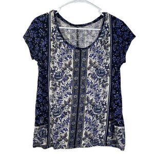 Lucky Brand Blue White Bohemian Roses Blouse Scoop Neck Size Med EUC #2323